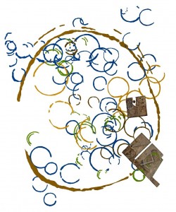 Interpretation of the 2012 GPR survey highlighting the ditch (brown) and - where possible - different types of roundhouses (blue = unspecified roundhouse, yellow = timber roundhouse & green = stone roundhouse) potentially present on site. Furthermore, it includes Trenches 1, 2 and 3 in different stages of excavation.