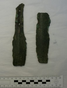 Broken sword pieces from Marazion, Cornwall (author’s photo, courtesy of the Royal Cornwall Museum)