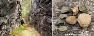 Figure 2: Left: A massively exploited diabase dike at Stakalleneset, Flora, Sogn og Fjordane County. Right: Blanks, used knapping stones and waste of diabase found at the foot of the quarry. (Photo: Astrid J. Nyland)